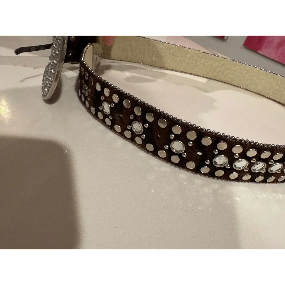 Womens Brown Calf‎ Hair Rhinestone Studded Western Belt Silver Buckle Size S